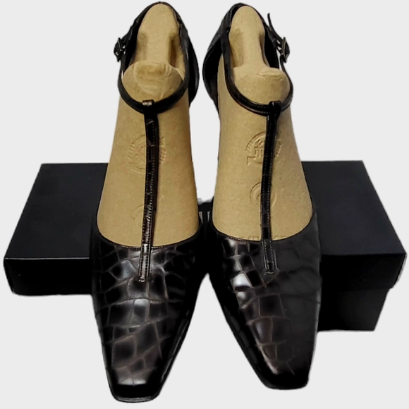 Stuart Weitzman Brown Croc Embossed Leather Heels Size 9 - Picture 9 of 13